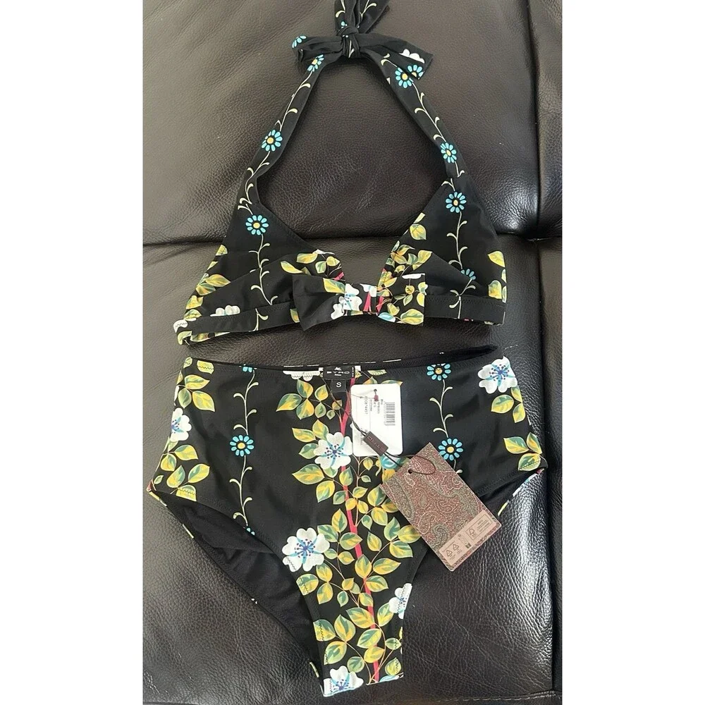 ETRO Milano BlackFloral Halter Neck High Waist Bikini Set NEW MSRP $850 Sz S/2-4